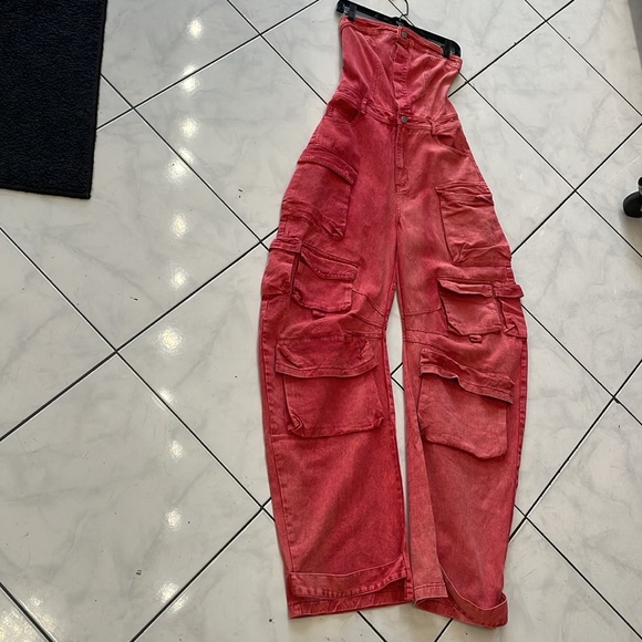 Red Denim Cargo Jumpsuit - Picture 7 of 8
